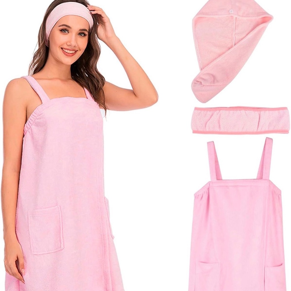 QZUnique Women's Pink Terry Cloth Bath Wrap Set